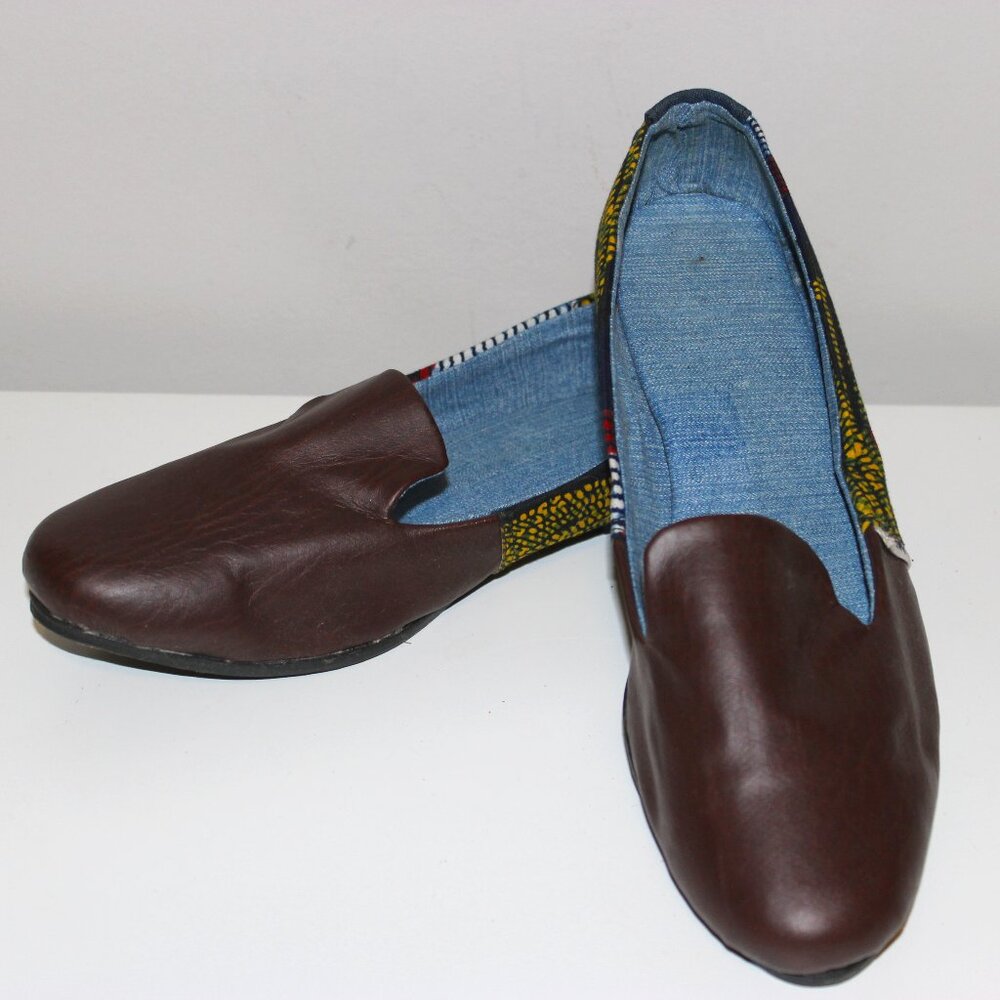 Yema Kenyan African Print Cloth and Leather Slip On Comfort Flats Size 41